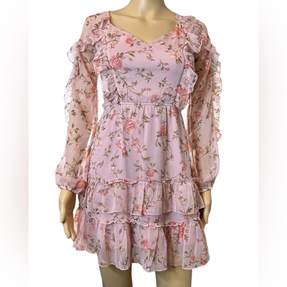 Divided Floral Bohemian Dress Medium M Baby Pink Back-Laced Lined Layered Ruffle